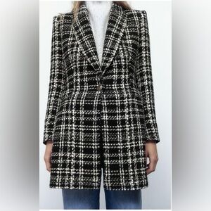 Zara Black & White Plaid Tweed Blazer Jacket